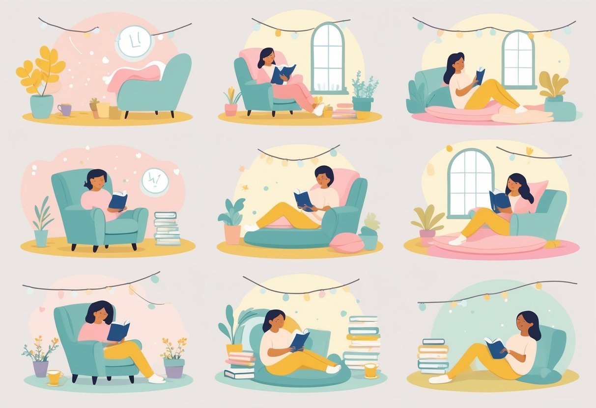Nine different cozy scenes of people and animals reading books in comfortable settings with warm lighting and soft surroundings.