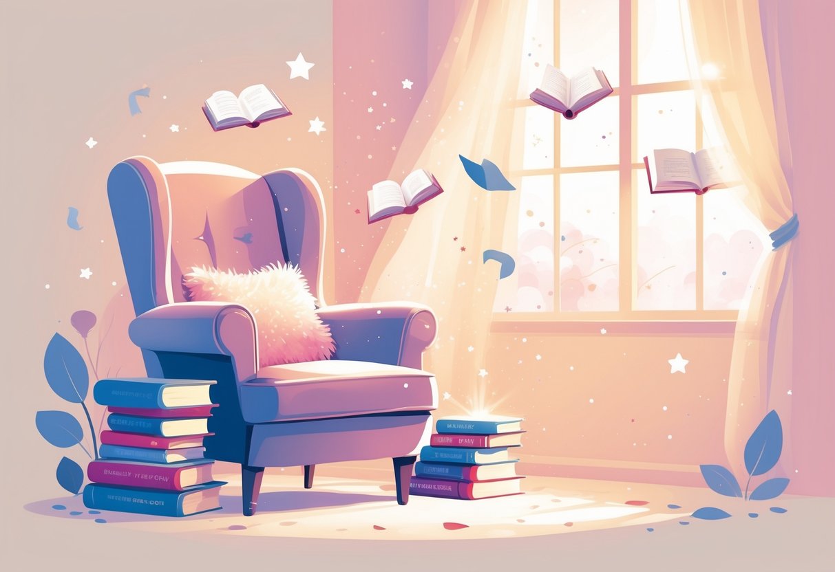 A cosy armchair next to a small pile of books by a window with soft light coming through, surrounded by floating shapes like stars and book pages.