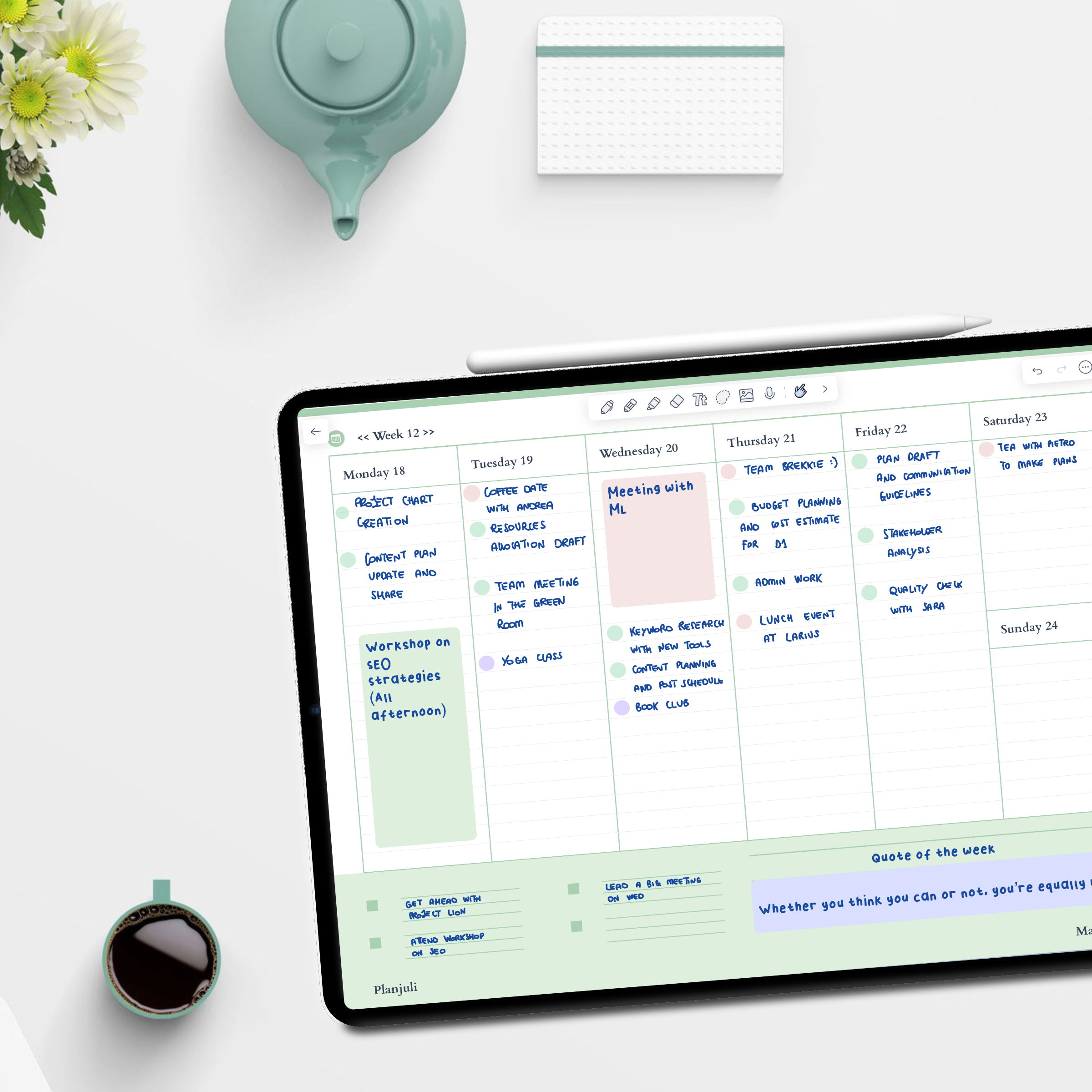 An example of the perfect digital planner for personal organisation on a weekly basis