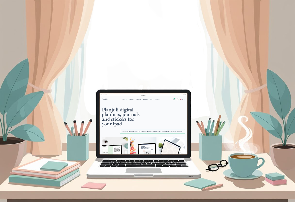 A cosy desk with a laptop showing Planjuli Digital Planners website, surrounded by stationery, a cup of tea, a plant, and soft natural light from a window.