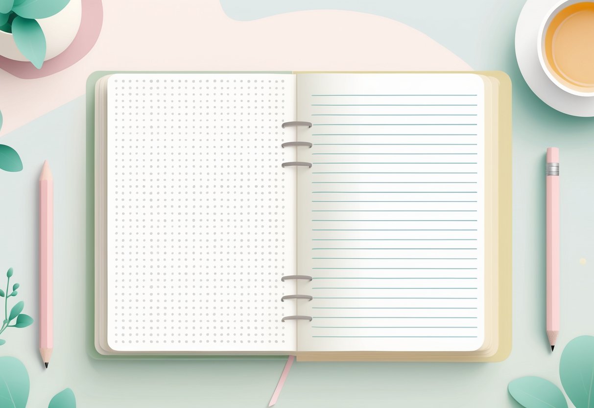 Two open student notebooks side by side, one with ruled lines and neat handwriting, the other with dotted pages and clear handwriting, surrounded by stationery on a light background. Two open student notebooks side by side, one with ruled lines and neat handwriting, the other with dotted pages and clear handwriting, surrounded by stationery on a light background.