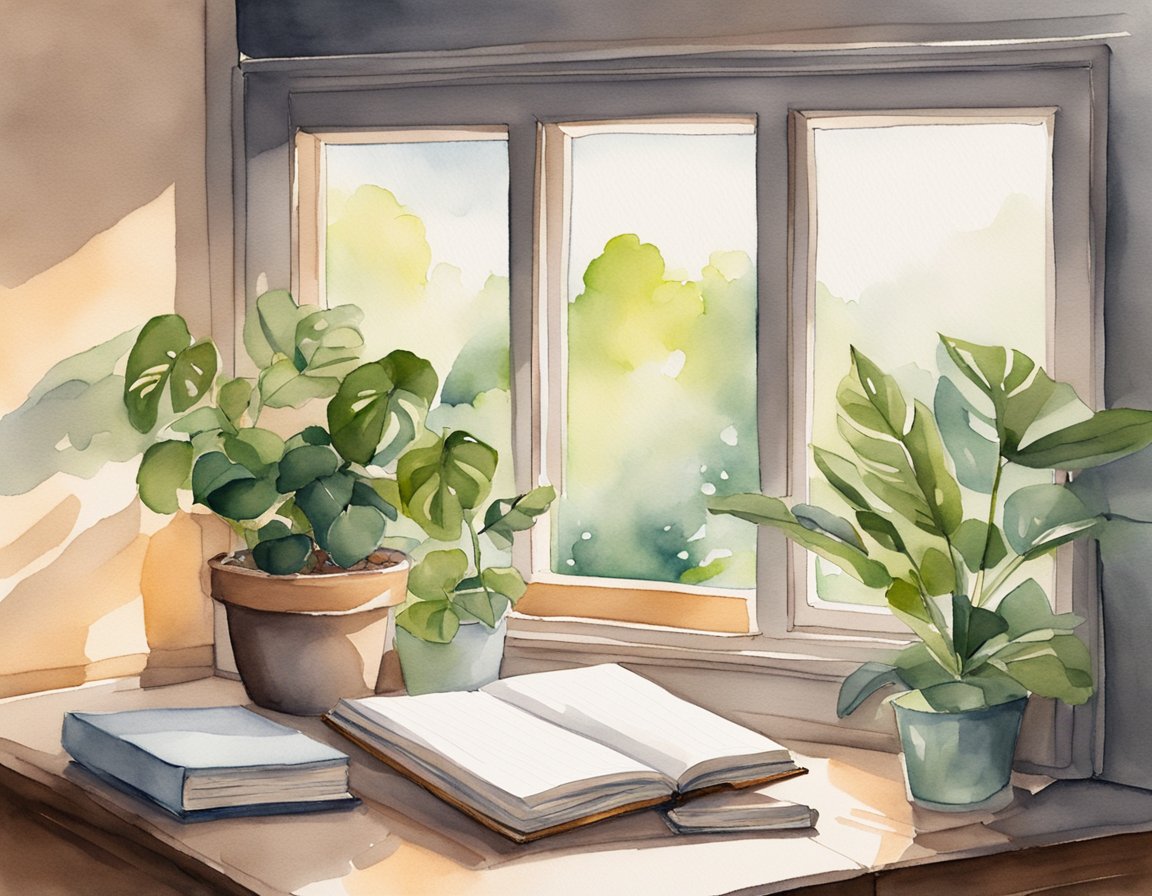 A cozy nook with a journal, pen, and softly glowing candle. A window lets in natural light, casting a warm glow on the pages. A potted plant adds a touch of greenery