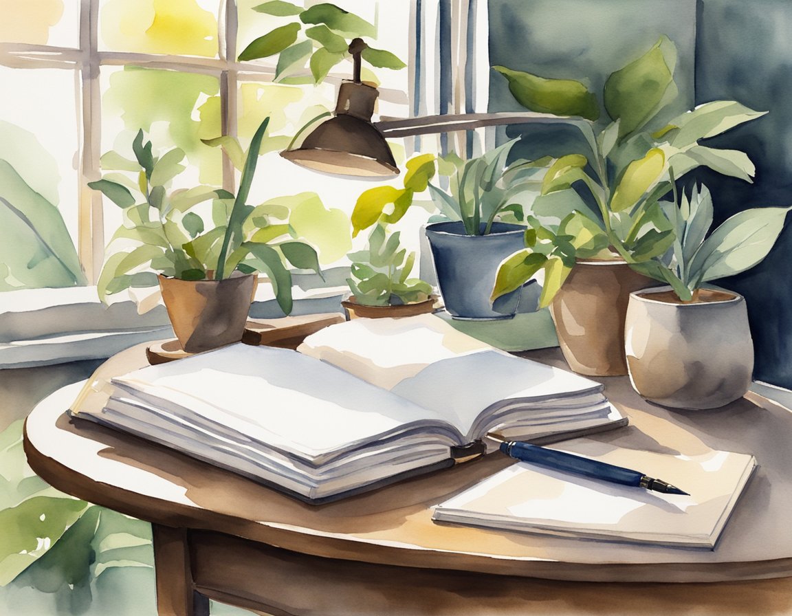 A desk with a journal, pen, and open book surrounded by plants and natural light