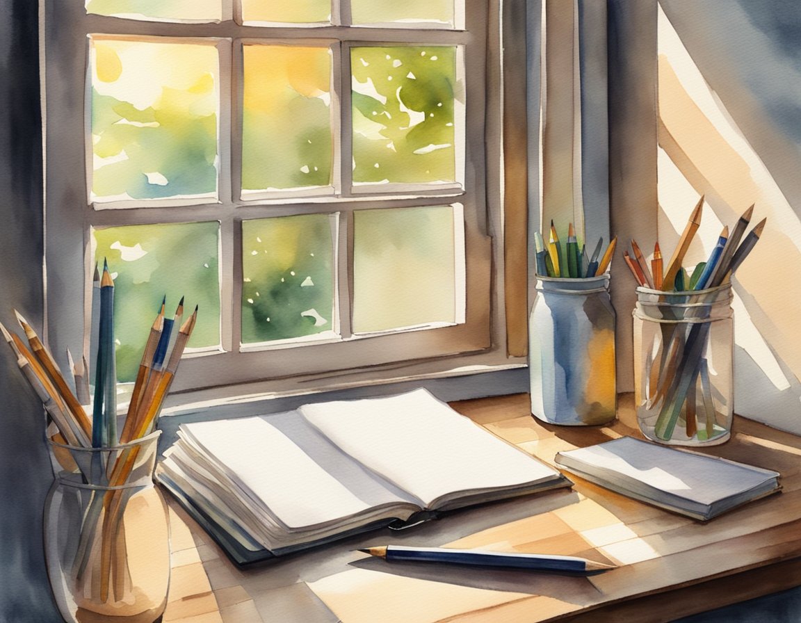 A blank journal sits open on a wooden desk, surrounded by scattered pens and pencils. A ray of sunlight streams through the window, illuminating the pages