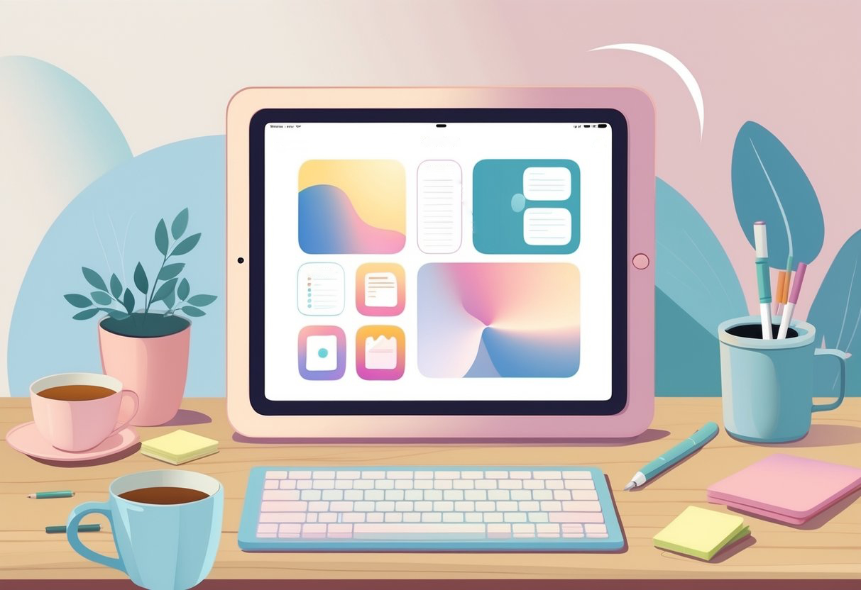 A person sitting at a desk using an iPad surrounded by a cup of tea, a plant, and stationery items.