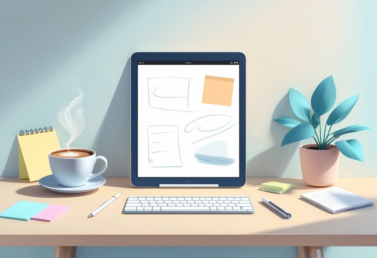 A cozy workspace with an iPad on a desk surrounded by stationery, a coffee cup, and a small plant.