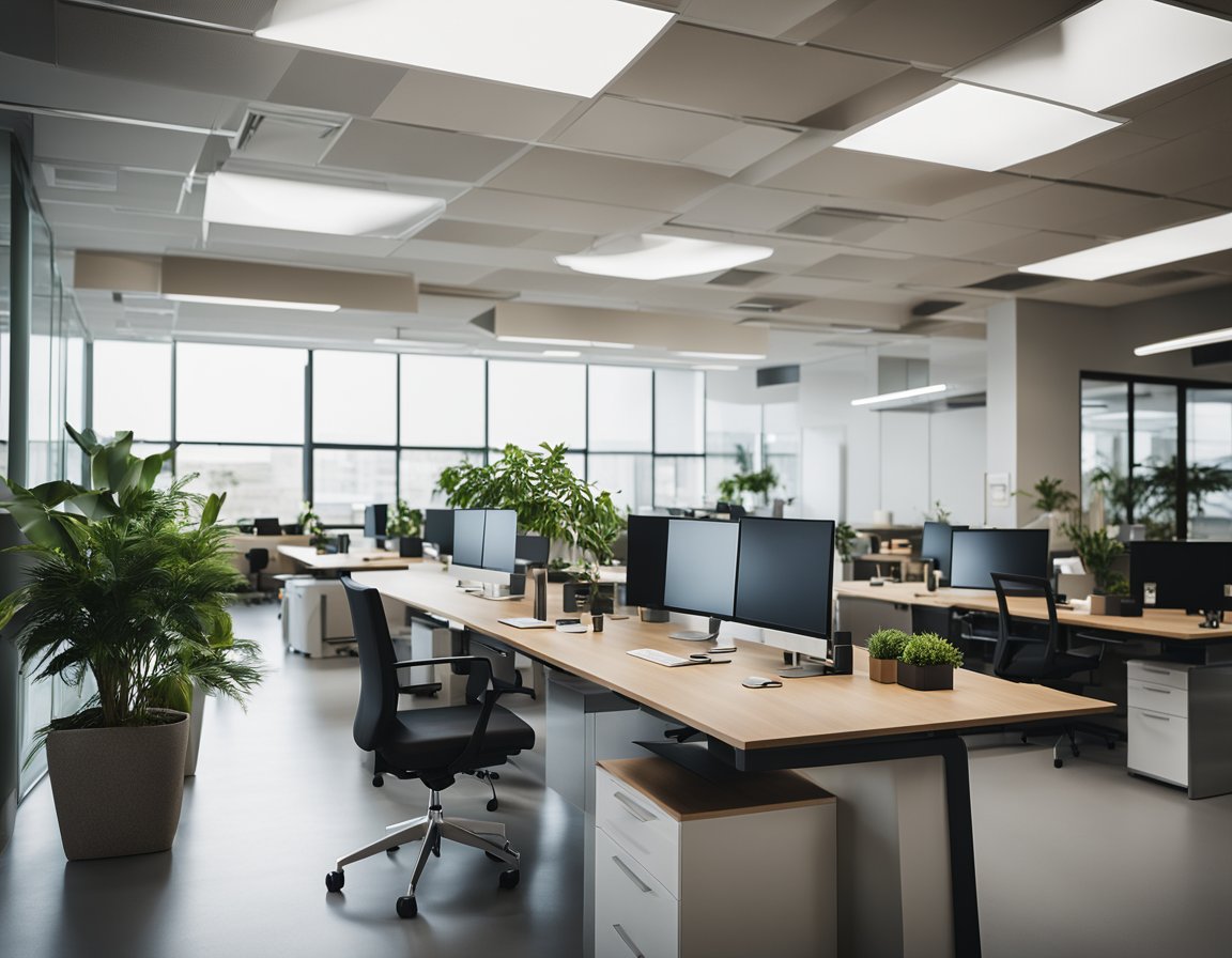 A modern office with natural light, organized workstations, and minimal distractions. Plants and calming colors promote focus and productivity