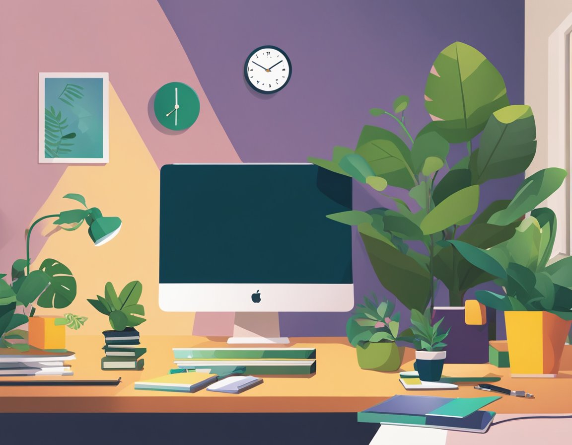 A cluttered desk with a computer, notebook, and scattered papers. A clock on the wall shows the passing time. A plant sits in the corner, adding a touch of greenery to the workspace