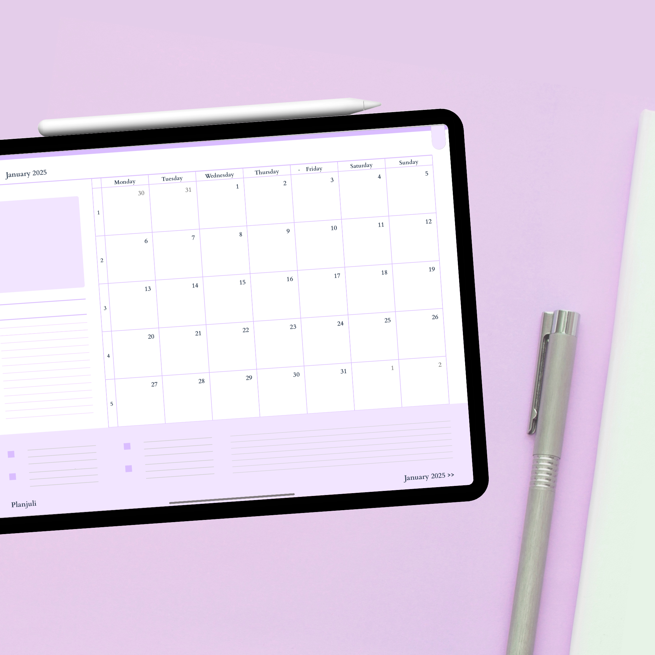 Monthly spread in the Luminous Lilac version of Planjuli Digital Planner 2025