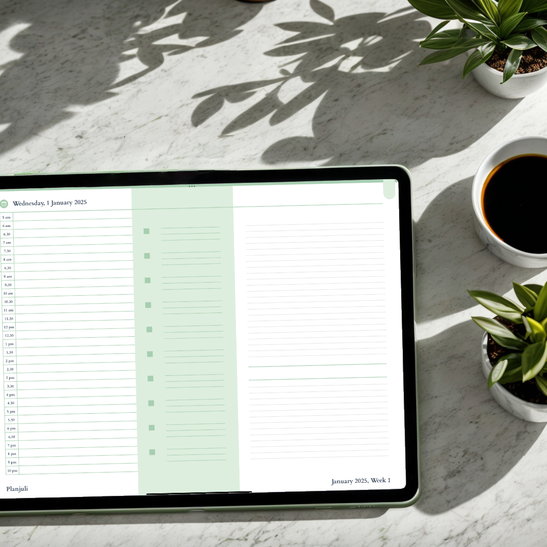 Digital planner daily spread in Planjuli Digital Planner pastel green version
