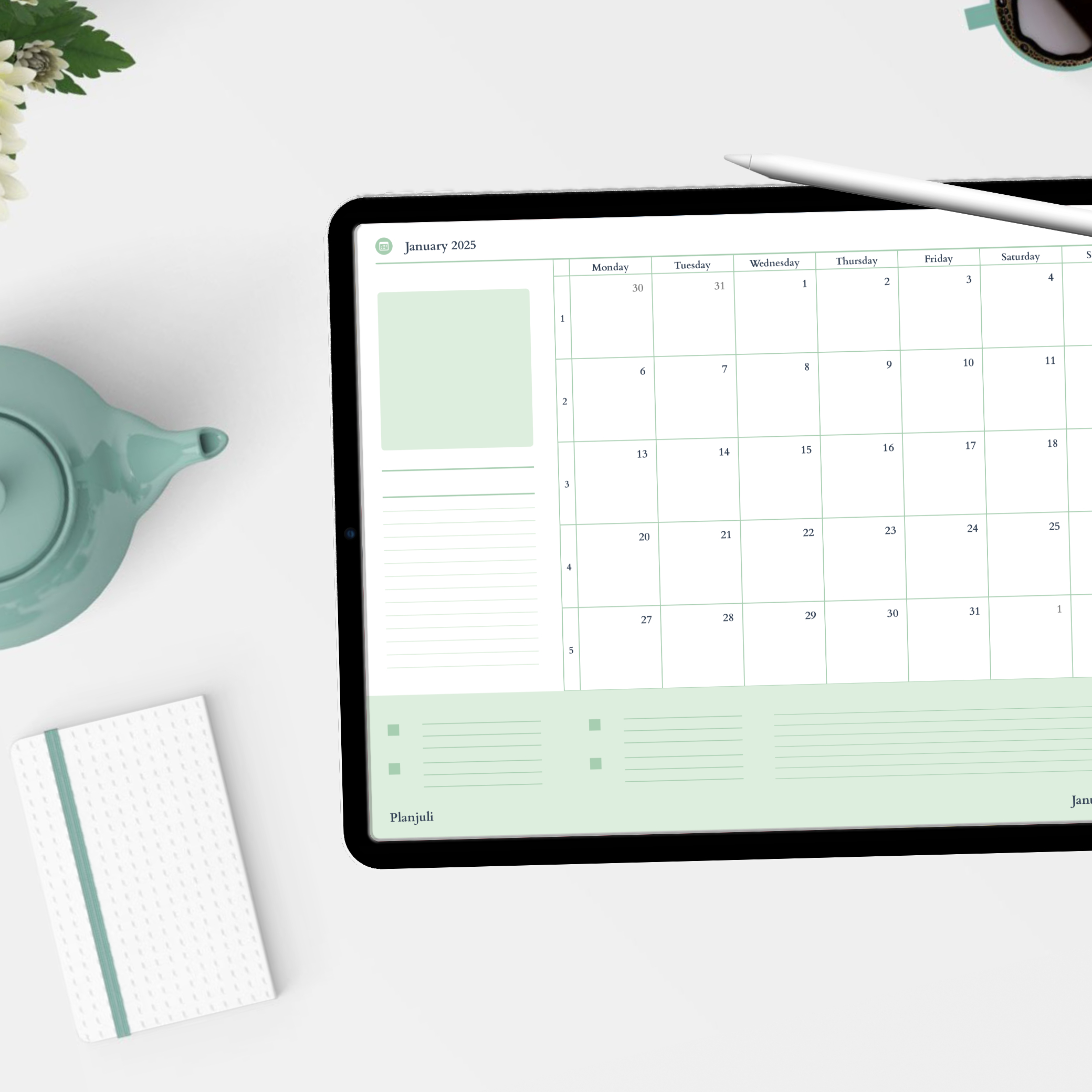 Monthly spread in the pastel green version of Planjuli Digital Planner 2025