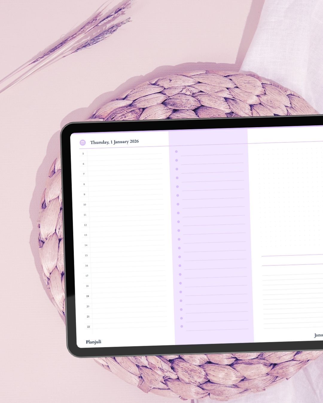 Daily pages of Planjuli 2026 Luminous Lilac Digital Planner with daily layout for daily planning, to-do lists and notes on Goodnotes and digital planning apps