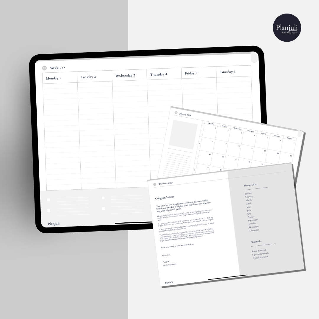 Complete digital planner 2024 for ipad and tablet in an elegant monochrome palette