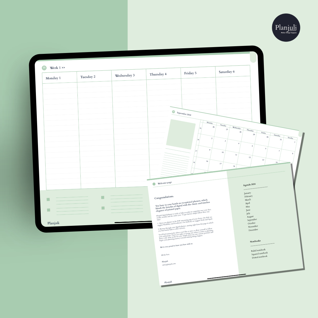 Viw of the Planjuli Digital Planner 2024 in the colour palette pastel green