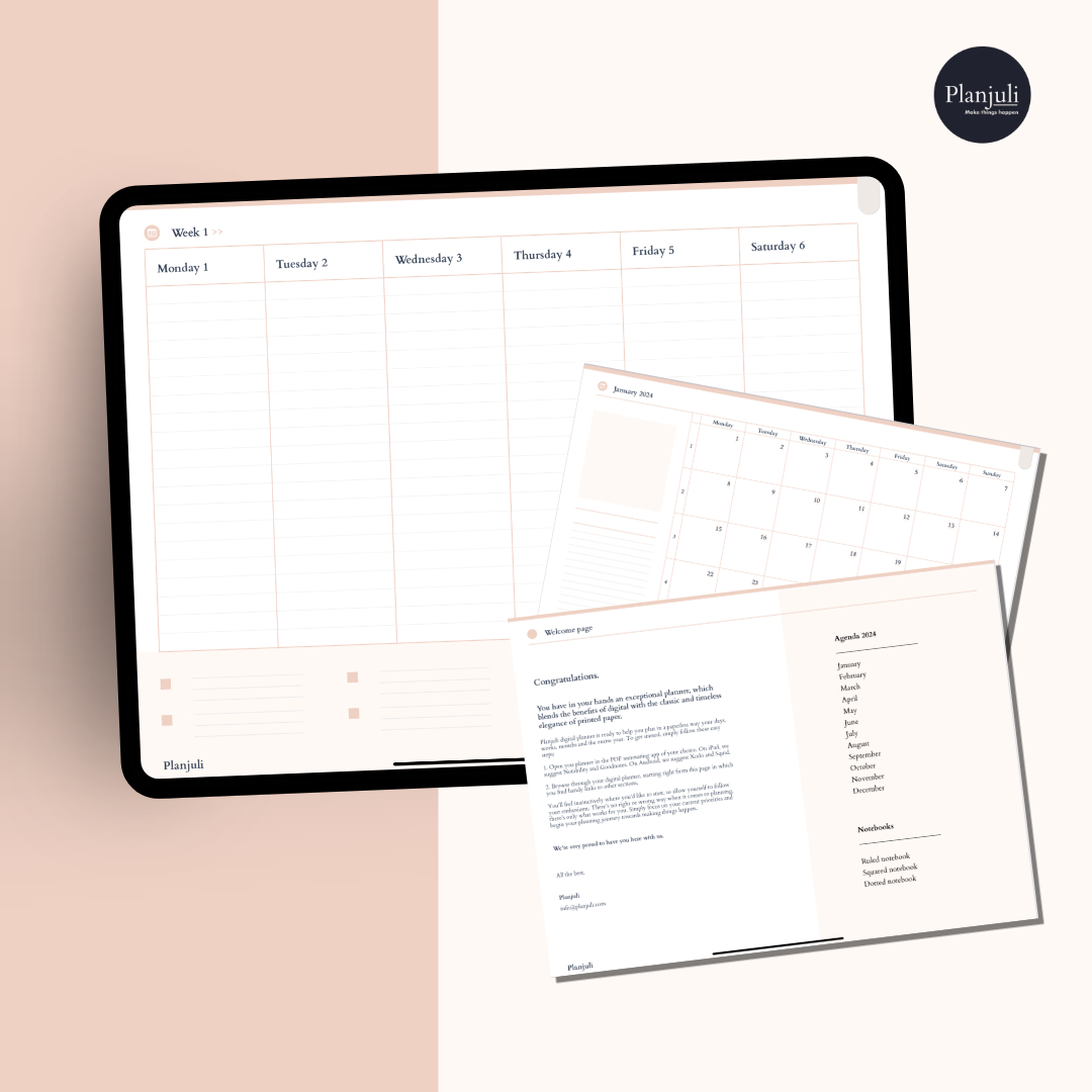 Digital planner 2024 for ipad and tablet, with complete daily, weekly and monthly spreads, in an elegant neutral warm palette 