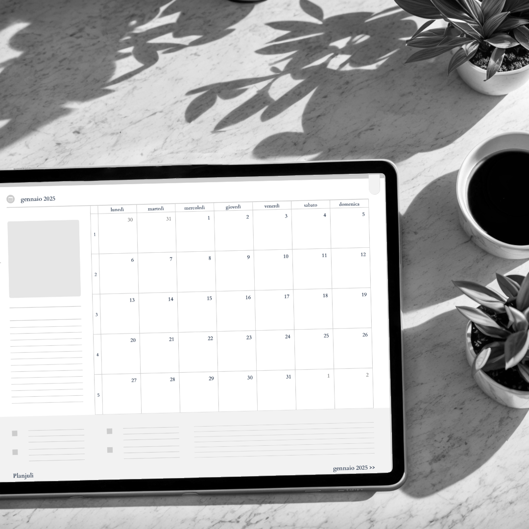 Pagine mensili nell'agenda Planjuli 2025, monocromatica