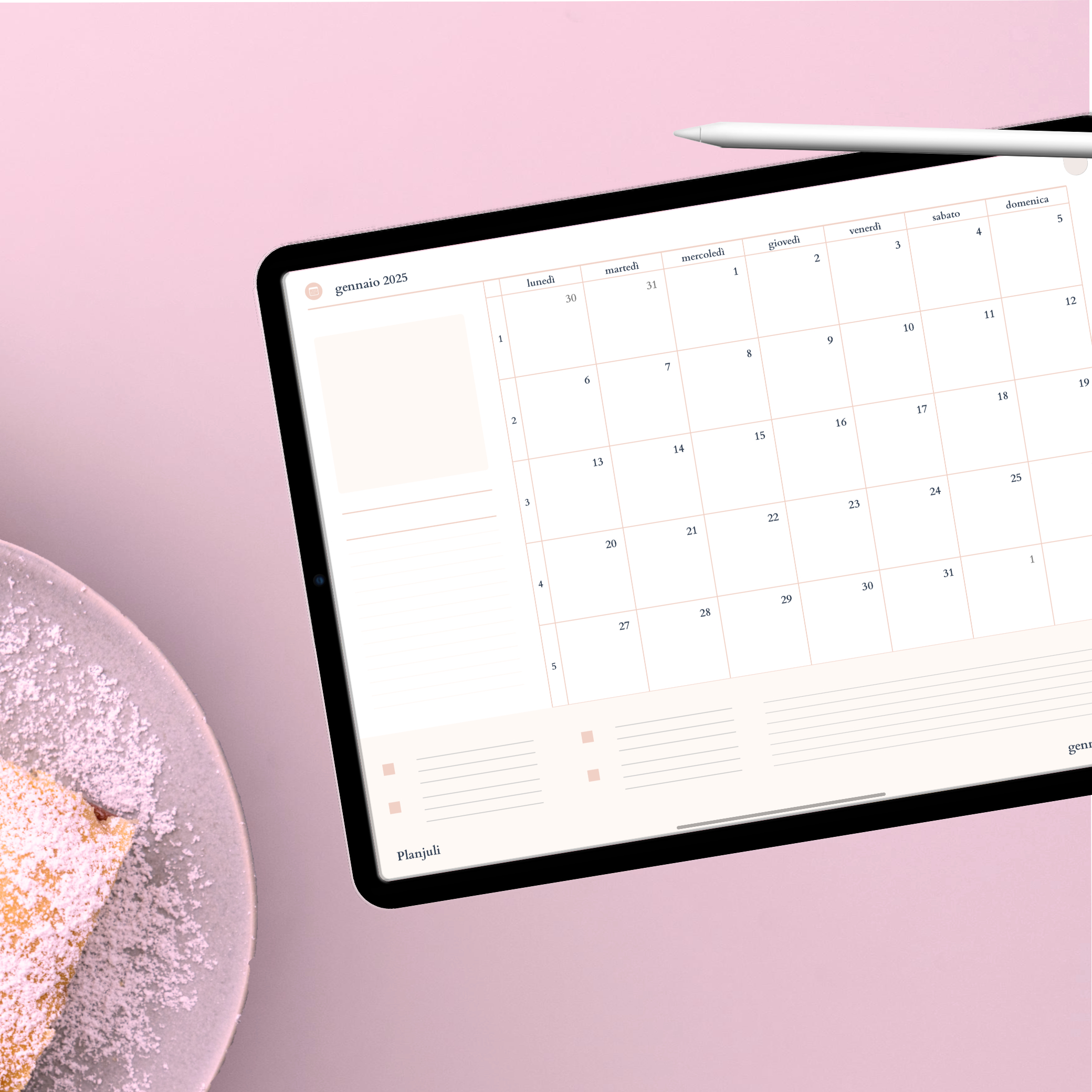 Pagine mensili dell'agenda digitale 2025 di Planjuli, nel colore simposio d'avorio