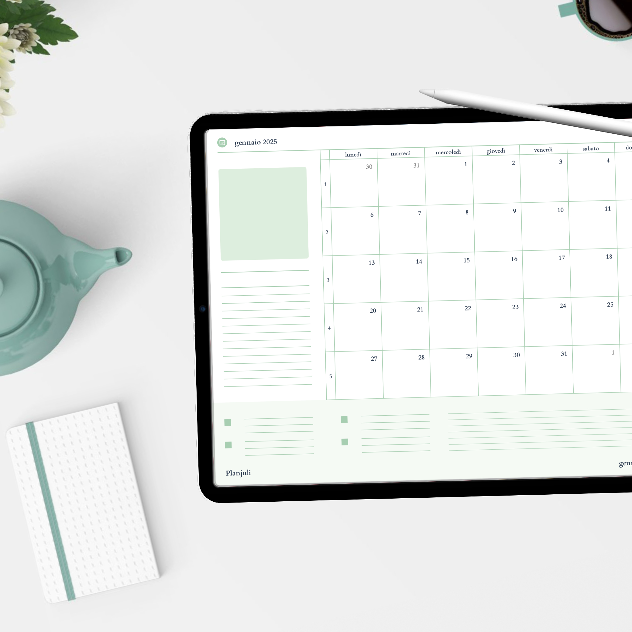 Agenda digitale per ipad, con pagine mensili, nel colore verde pastello